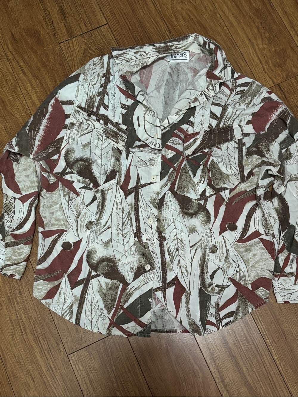 Button-Front Leaf Print Shirt - Cream & Brown